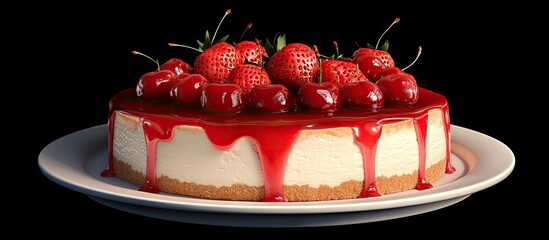 Poster - Delicious cheesecake on a white plate, topped with vibrant red strawberry sauce and fresh strawberries, against a black background.