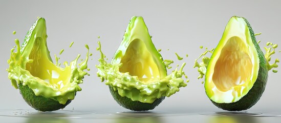 Poster - Ripe avocados with vibrant green skin and yellow flesh display dynamic splashes against a soft gray background highlighting textures and visual appeal