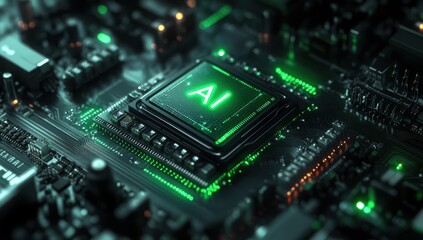 Aufkleber - High-Tech AI Chip on Circuit Board with Green Lights, Symbolizing Future of Innovation and Digital Technology in Modern Electronics