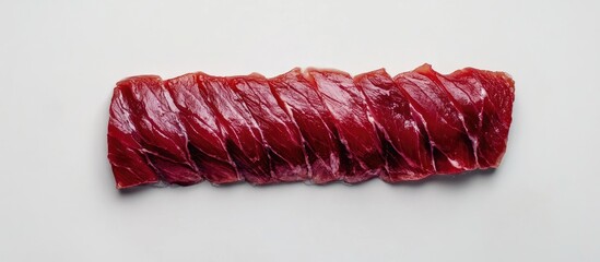 Poster - Freshly sliced red tuna fillets arranged neatly on a bright white background highlighting their vibrant color and premium quality for culinary use