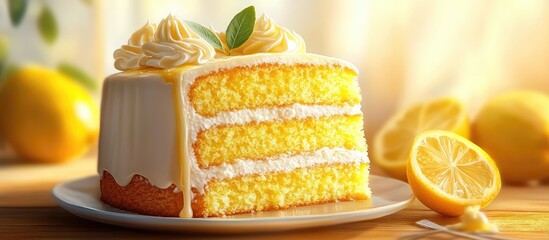 Poster - Vibrant three-layer lemon cake with creamy frosting and fresh lemon slices on a white plate surrounded by lemons in warm natural light.