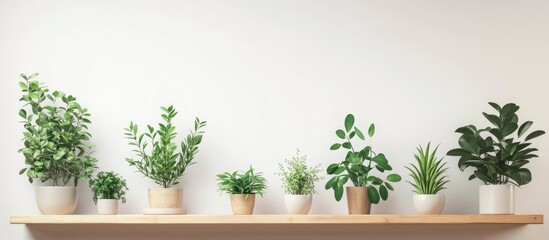Poster - Assorted indoor plants in minimalist white and beige pots on a wooden shelf against a light beige wall creating a fresh, natural ambiance.