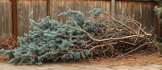 Aufkleber - Dried branches of a blue hemlock spruce lay on a brown ground near a wooden fence showcasing the contrast of greenery and earthy tones