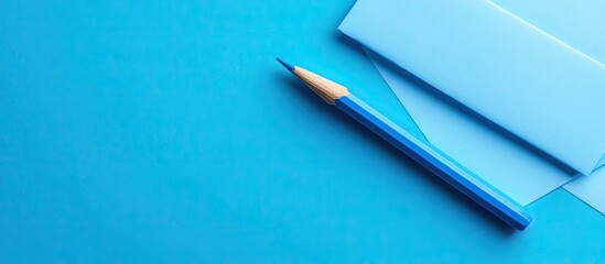 Poster - Blue pencil and envelopes on a vibrant turquoise background with a clean layout emphasizing simplicity and stationery elegance.
