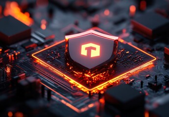 Poster - High-Tech Circuit Board with Glowing Shield Logo, Focusing on Modern Computer Hardware and Digital Security Conceptual Design