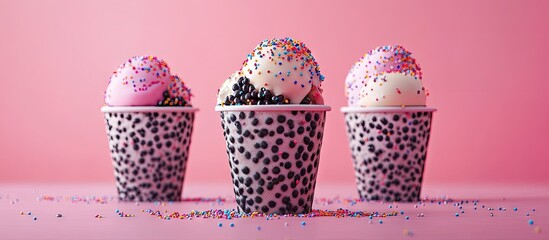 Poster - Colorful ice cream scoops in speckled cups on a soft pink background featuring pink and white ice cream topped with vibrant sprinkles and decorative elements