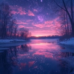 Fototapete - Peaceful twilight sky shimmers constellations casting a soft purple glow over still waters Ice effects enhance the clarity of the scene with a delicate rainbow arcing above the reflection of the stars