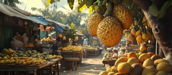 Aufkleber - Vibrant jackfruit clusters hanging in sunlight at a bustling vegetable market with colorful produce and vibrant greens in the background.
