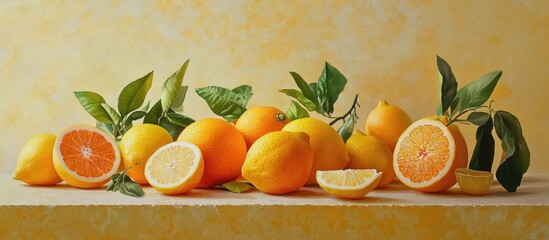 Poster - Vibrant arrangement of fresh lemons and oranges with green leaves on a textured yellow background highlighting the bright yellow and orange colors.