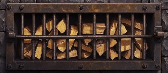 Leinwandbilder - Wooden logs stacked behind metal bars in a dark rustic background, showcasing warm browns and deep grays for a vintage ambiance.
