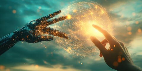 Poster - Human and robotic hand reaching out towards a glowing network sphere in a futuristic setting, symbolizing the connection between technology and humanity