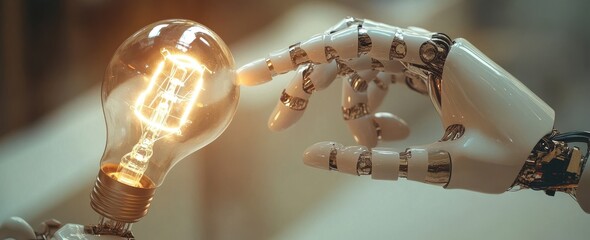 Poster - Human Hand and Robotic Hand Touching Light Bulb Symbolizing Innovation and the Connection Between Technology and Humanity in a Modern Setting