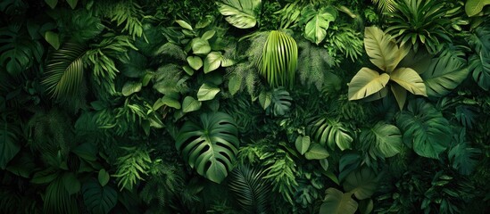 Aufkleber - Lush green wall with a variety of vibrant plant foliage creates a serene natural ambiance, ideal for stylish interior decor and aesthetic enhancement.