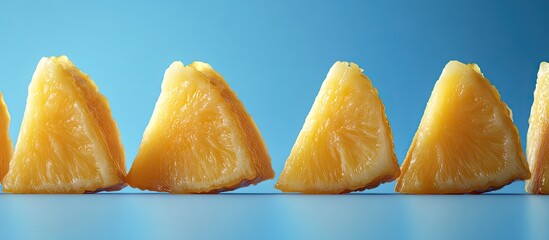 Poster - Vibrant fresh pineapple wedges arranged in a line on a bright blue background highlighting the juicy texture and tropical essence of the fruit