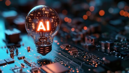 Poster - Illuminated AI Concept Light Bulb Over Modern Circuit Board in a Futuristic Digital Technology Setting with Glowing Particles and Bokeh Effects
