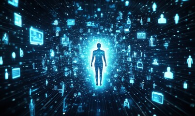 Poster - Human Silhouette Surrounded by Digital Icons Representing Information, Technology, and Data Flow in Virtual Space