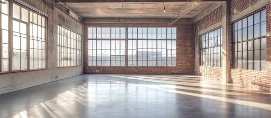 Leinwandbilder - Bright open loft with substantial windows allowing natural light to fill the expansive space, featuring warm-toned brick walls and polished concrete floor.