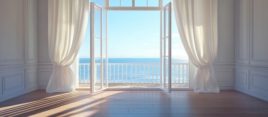 Leinwandbilder - Tranquil empty room with open white curtains and a sea view from large balcony doors. Soft sunlight illuminates a wooden floor against a blue ocean backdrop.
