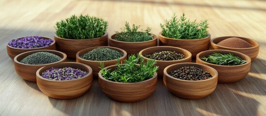 Aufkleber - Assorted fresh herbs and spices in wooden bowls arranged in a circular formation with vibrant greens and purples on a light wooden surface