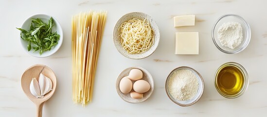 Poster - Aglio e Olio pasta ingredient flat lay with green basil, garlic, spaghetti, eggs, cheese, olive oil on a light background for home cooking