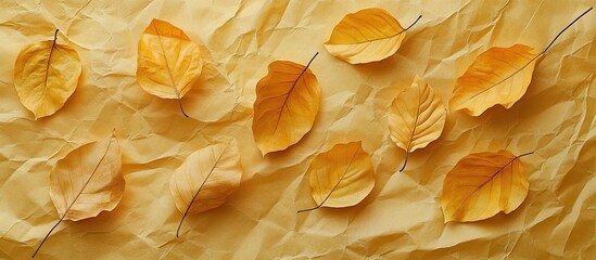 Aufkleber - Autumn leaves in warm golden hues arranged artistically on crinkled paper background creating a seasonal fall aesthetic with rich textures.