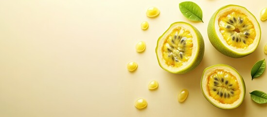 Poster - Freshly sliced yellow passion fruits placed on a soft light background with vibrant yellow and green hues, showcasing textures and ample copy space.