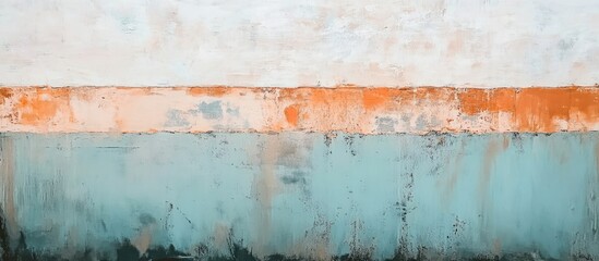 Poster - Abstract minimalist painting featuring soft blue tones at the bottom, a light orange band in the middle, and a pale background, emphasizing simplicity.