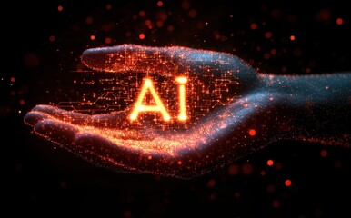 Aufkleber - Illuminated Hand Displaying AI Symbol with Digital Light Effects Representing Artificial Intelligence and Technology Themes in Dark Background
