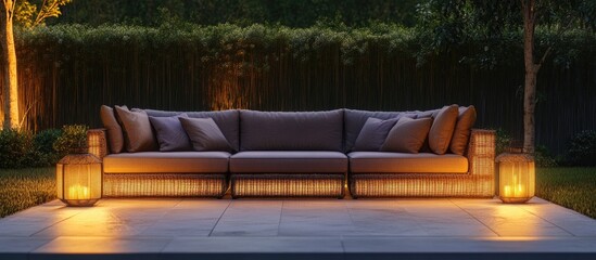 Aufkleber - Cozy modern patio furniture with grey cushions illuminated by warm yellow light flanked by lanterns creates an inviting outdoor atmosphere at dusk