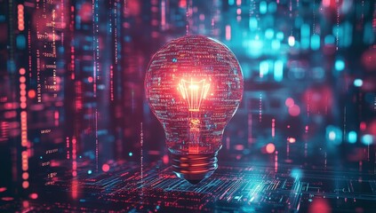 Aufkleber - Illuminated Light Bulb with Digital Binary Code in a Futuristic Data Environment Featuring Glowing Red and Blue Patterns of Information