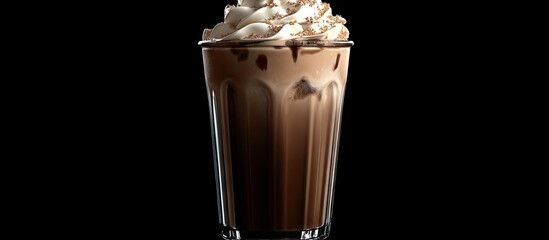 Poster - Tall glass filled with iced mocha topped with creamy whipped cream against a black background showcasing rich chocolate and coffee hues.