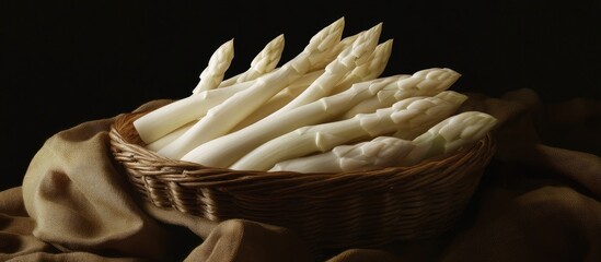 Poster - White asparagus arranged in a woven basket against a dark background highlighting the smooth texture and bright color ideal for culinary presentation