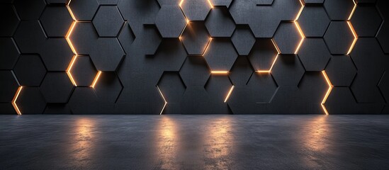 Fototapete - Dimly lit interior showcasing geometric hexagonal wall patterns with soft glowing lines in warm orange against a dark background creating a unique ambiance