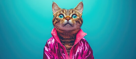  Playful cat in shiny pink holographic jacket centered against a bright teal background, showcasing vibrant personality and stylish flair.