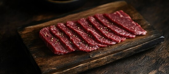 Aufkleber - Premium raw beef steak slices arranged neatly on a dark wooden board with a rustic background perfect for butchers and culinary displays