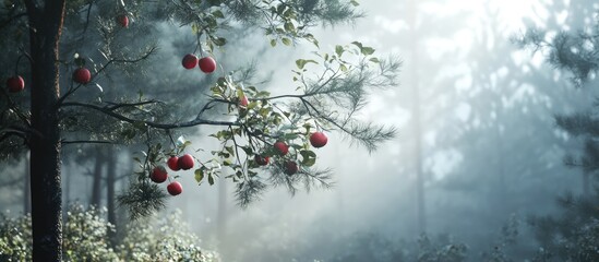 Aufkleber - Foggy pine forest with red apples hanging from lush branches, creating a serene atmosphere filled with enchanting beauty and natureâ€™s bounty.