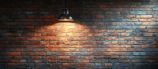 Fototapete - Illuminated rustic brick wall with warm light casting shadows, featuring deep reds and browns, creating a vintage atmosphere for designs.