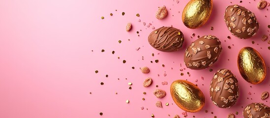 Poster - Easter chocolate eggs and praline candies arranged on a pink background with golden eggs, creating a festive and joyful holiday atmosphere.