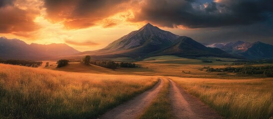 Poster - Serene landscape featuring a winding dirt road in the foreground leading to a majestic mountain under a vibrant sunset sky with dramatic clouds.