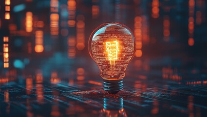Aufkleber - Illuminating Ideas: A Glowing Light Bulb Surrounded by Abstract Digital Matrix and Data Streams in a Futuristic Setting of Innovation and Technology
