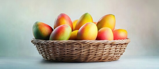 Poster - Vibrant ripe mangoes in a woven basket display rich yellow and green hues with soft red blushes highlighted against a light background