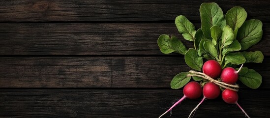 Poster - Fresh red radishes with lush green leaves tied with twine arranged artistically on a dark wooden surface creating a rustic, vibrant composition