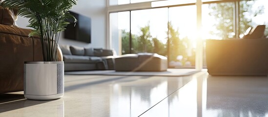 Leinwandbilder - Modern minimalist living room with a close-up of a white air purifier on glossy floor, lush green plant in foreground, bright sunlight streaming in.