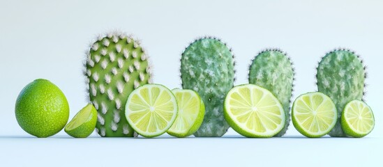 Poster - Vibrant green edible cacti and fresh lime slices arranged on a light background highlighting unique textures and colors ideal for culinary use
