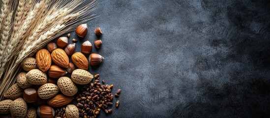 Aufkleber - Festive food background featuring a mix of assorted nuts and golden wheat arranged on a textured dark surface ideal for seasonal culinary themes