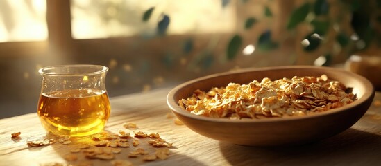 Aufkleber - Korean granola blend in a wooden bowl with oatmeal and muesli accented by honey syrup beside a glass, warm sunlight enhancing the scene.