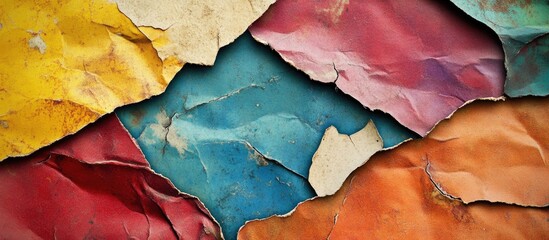 Poster - Vibrant worn-out textured paper collage featuring deep blues, earthy oranges, and pastel yellows arranged in a chaotic yet artistic composition.