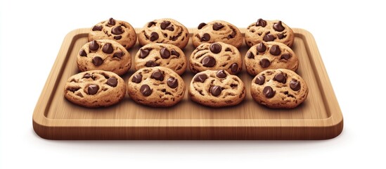 Poster - Delicious chocolate chip cookies arranged neatly on a bamboo board with warm golden brown color in a bright white background.