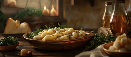 Poster - Delicious gnocchi served in a wooden bowl with arugula, cheese, and olive oil, arranged on a rustic wooden table, warm earthy tones and inviting ambiance.