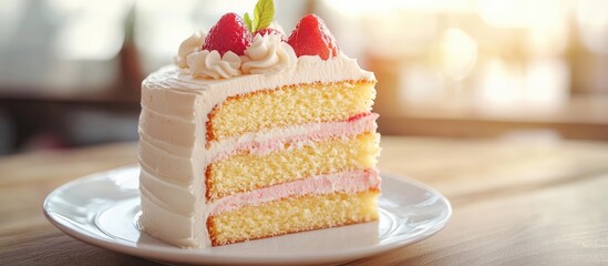 Poster - Delicious homemade cake slice with creamy frosting and fresh strawberries garnished, positioned on a white plate against a warm, natural light background.